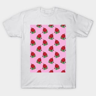 Red vintage roses on pink T-Shirt